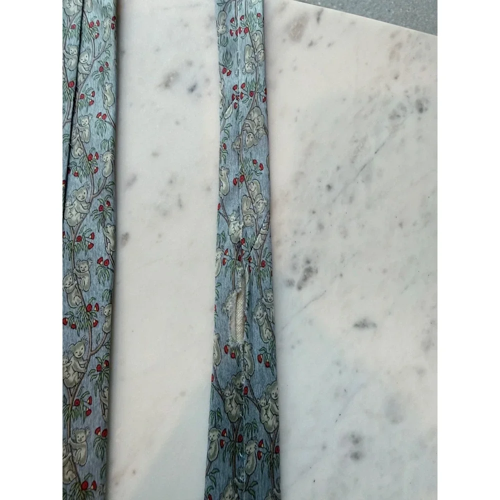 Hermes Silk Koala Family Tie Blue Animal Pattern Made in France
